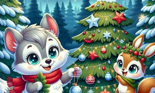Un pequeño lobo de ojos brillantes y pelaje gris suave, con una bufanda roja alrededor del cuello, sonríe alegremente mientras decora un gran árbol de Navidad en un bosque encantado. Cuelga estrellas brillantes hechas de nieve y adornos coloridos, desbordando emoción y felicidad. A su lado, una adorable ardilla de ojos vivos y pelaje marrón claro, con una pequeña corona de hojas en la cabeza, ríe mientras sostiene una guirnalda de bayas rojas, lista para colgarla en el árbol. Un alegre conejito de grandes orejas, con un abrigo verde, danza alrededor de ellos, sus mejillas rosadas reflejando su alegría, mientras trae decoraciones adicionales. La escena se desarrolla en un claro mágico, rodeado de grandes abetos cubiertos de nieve brillante, bajo un cielo estrellado donde estrellas fugaces iluminan la noche. La situación principal muestra al lobo y sus amigos unidos en una alegre preparación navideña, llenos de amor y camaradería, creando juntos un árbol de Navidad mágico que brillará intensamente.