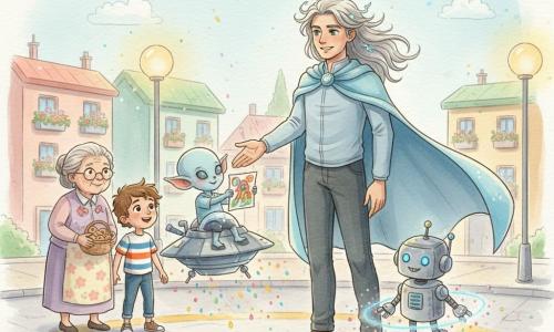 Um homem — Lúmen Relâmpago — sorridente e sereno, cabelos prateados em mechas como pequenos raios e olhos verdes, veste capa azul-clara; estende a mão para uma pequena criatura alienígena. À direita, Zico, um pequeno robô metálico prateado com olhos LED azuis e expressão travessa, circula nos pés de Lúmen soltando faíscas coloridas. À frente e ligeiramente à esquerda, Zuzu, um menino alienígena de pele azul-pálida, grandes orelhas e olhos brilhantes, está preso na borda de sua mininave, sorrindo e segurando um desenho colorido. Atrás à esquerda, Dona Estrela, senhora de cerca de 70 anos com cabelos grisalhos trançados e vestido floral, oferece um cesto de biscoitos. Ao lado de Zico, Miguel, um menino de ~8 anos de cabelos castanhos bagunçados e camiseta às riscas, olha para Zuzu maravilhado. Cena na pista de pouso de Luzópolis: concreto claro com marcas amarelas gastas, postes de luz arredondados, prédios baixos de fachadas pastéis e jardineiras floridas; leve pólen no ar captando a luz. Atmosfera acolhedora e curiosa, cores suaves e luminosas, estilo aquarela com pequenos reflexos.