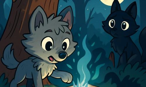 Un pequeño lobo gris, llamado Luno, se encuentra en el centro de la escena, con ojos brillantes y curiosos, su pelaje alborotado por el viento. Mira un libro antiguo, cubierto de polvo y raíces, que está bajo un gran roble, su expresión mezcla asombro y aprensión. A su lado, una zorra de pelaje negro como la noche, llamada Sombra, se mantiene un poco atrás, sus ojos brillando de preocupación. Observa a Luno con un destello de esperanza, lista para ayudarlo en esta misteriosa aventura. El escenario es un bosque misterioso, donde enormes árboles de troncos retorcidos se elevan hacia un cielo estrellado, iluminado por una luna llena que aclara el camino. Sombras bailan a su alrededor, creando una atmósfera mágica y ligeramente inquietante. La situación principal muestra a Luno abriendo el libro, mientras destellos de luz azul emergen de las páginas, proyectando sombras extrañas en el suelo, simbolizando las historias aterradoras que cobran vida.
