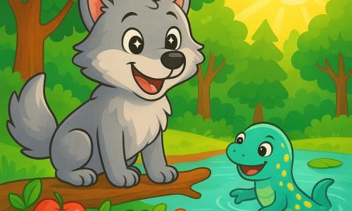 Ein Wolf mit weichem, silbernem Fell und glänzenden, sternenähnlichen Augen steht im Mittelpunkt der Szene und zeigt einen fröhlichen, freundlichen Ausdruck. Er lächelt, seine großen Ohren sind aufgestellt, und seine Pfoten ruhen auf einem alten Ast, bereit zu singen. Neben ihm schwimmt ein kleiner Triton mit schimmernden Schuppen und einem schelmischen Lächeln fröhlich im klaren Wasser eines Sees, umgeben von Seerosen. Im Hintergrund erhellt ein dichter Wald mit majestätischen Bäumen, leuchtend grünen Blättern und Sonnenstrahlen, die durch die Äste filtern, die Szene. Die Hauptsituation zeigt den Wolf und den Triton, die ein Festmahl vorbereiten, um alle Tiere des Waldes zu versammeln, mit bunten Früchten und verstreuten Blumen um sie herum, was eine Atmosphäre von Freude und Kameradschaft schafft.