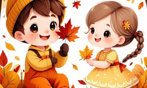 A 1-year-old boy with messy brown hair and bright sparkling eyes is sitting on a colorful autumn leaf carpet, smiling widely. He is wearing an orange jumpsuit and a yellow wool hat, holding a shiny red leaf in his small hands. Next to him, a 5-year-old girl with braided blonde hair and a floral dress is collecting leaves. She looks at Max with a joyful smile, her cheeks rosy from the autumn chill. The scene takes place in a sunny park, with majestic trees shedding their vibrant leaves. The sky is bright blue, and white clouds float lazily. Max and Lily are surrounded by colorful leaves as they enjoy picking the prettiest ones to show their teacher. The atmosphere is cheerful and filled with laughter, capturing the magic of an autumn day.