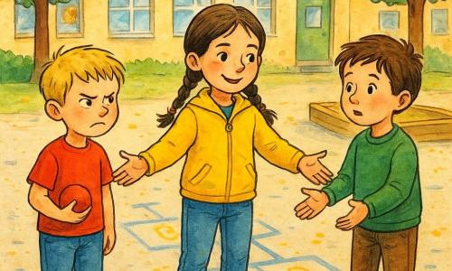 Osiemletnia Zosia, uśmiechnięta lecz skupiona, włosy w warkoczach, w żółtej kurtce i dżinsach, stoi na środku z rozłożonymi rękami jak pokazując niewidzialny most; z lewej Tomek (8 lat), powstrzymywana złość, krótkie blond włosy, czerwony T-shirt, trzyma gumową piłeczkę; z prawej Antek (8 lat), spokojny lecz zaskoczony, kasztanowe włosy, zielony sweter, lekko rozchylone ramiona; słoneczne podwórko szkolne z oznaczeniami do zabaw, piaskownicą, ławką i drzewami, w tle jasne budynki szkolne z kolorowymi plakatami; scena: Zosia pomaga zbudować niewidzialny „most przyjaźni”, gesty pokoju, rozluźnione spojrzenia, piłeczka położona na środku jako symbol dzielenia się.
