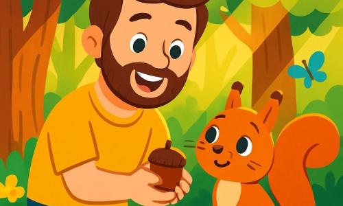 A man named Oliver, in his thirties with brown hair and a soft beard, joyfully smiles while holding a small squirrel in his hands. His eyes sparkle with empathy and happiness. Beside him, a small squirrel with bright eyes and reddish fur looks at Oliver with admiration. The scene takes place in an enchanted forest with majestic trees rising towards the sky, their green leaves shimmering in the golden sunlight. Colorful flowers in pink and yellow cover the ground, and rays of light filter through the branches, creating a magical atmosphere. Oliver helps the squirrel find its precious lost acorn, searching under leaves and around tree roots. The atmosphere is joyful and full of life, with birds singing in the distance and butterflies dancing in the air.