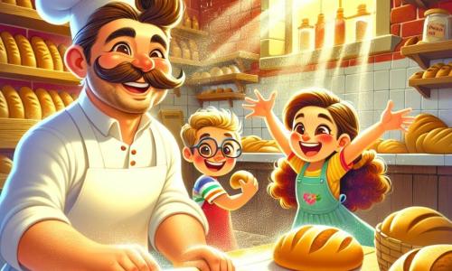 O personagem principal é um homem alegre, o padeiro, com um grande sorriso e um bigode bem aparado. Ele usa um avental branco brilhante e está amassando a massa do pão com entusiasmo, seus braços musculosos mostram que ama seu trabalho. Ao lado dele, uma menina de 8 anos, Lúcia, com cabelos castanhos e cacheados, observa com olhos maravilhados. Ela usa um vestido colorido e segura um pequeno rolo de massa, pronta para ajudar. Um menino de 7 anos, Miguel, com óculos e cabelos loiros, pula de alegria, segurando um pedaço de pão quente nas mãos, com um grande sorriso no rosto. A cena acontece em uma charmosa padaria, com paredes de tijolos vermelhos e prateleiras de madeira cheias de pães dourados. Raios de sol filtram pelas janelas, iluminando a farinha que dança no ar. A situação principal mostra o padeiro e as crianças se divertindo juntos, preparando pão, com risadas e gestos alegres, criando uma atmosfera calorosa e acolhedora.