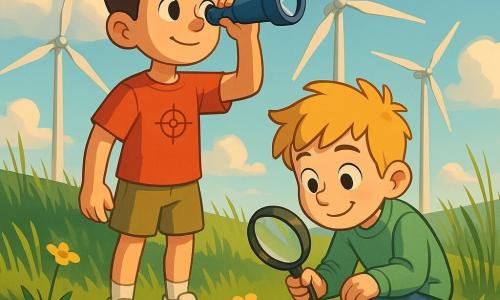 Są dwaj główni bohaterowie: Wojtek, 9 lat, krótkie brązowe włosy, czerwony T-shirt z małą kompasem, khaki szorty, białe tenisówki, trzyma niebieską lunetę przy oku, stoi po lewej i patrzy na łopaty wiatraka; Michał, 8 lat, jasne rozczochrane włosy, jasnozielony sweter, dżinsy, trzyma w prawej ręce okrągłą lupę, jest po prawej od Wojtka, kuca i obserwuje kwiat przy kamieniu. Miejsce: duże trawiaste wzgórze przy polu, wysoka zielona trawa i żółte kwiaty, kilka małych skał, jasnoniebieskie niebo z puchatymi chmurami; w tle trzy duże białe turbiny wiatrowe z powoli wirującymi łopatami, miękkie późno popołudniowe światło. Sytuacja: chłopcy razem podziwiają turbiny — zbliżenie na ich ciekawe, uśmiechnięte twarze, luneta i lupa odbijają światło, delikatny ruch łopat, spokojna i optymistyczna atmosfera, żywe kontrastowe kolory i proste, czytelne faktury dla dzieci.