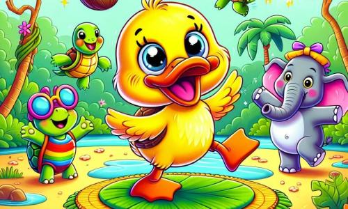 A duck named Quackers, with bright yellow feathers and a vibrant orange beak, stands at the center of the scene, eyes sparkling with joy and a big smile on his face, dancing on a carpet of green leaves. Next to him, Tilly the little turtle, with a colorful rainbow shell, claps and laughs, while Ellie the elephant, with her large ears and sunglasses on her trunk, balances a coconut on her head. In the background, a stunning jungle landscape unfolds, with lush trees, vibrant flowers, and hanging vines. The scene depicts the animals' talent show, where all of Quackers' friends are having fun together, jumping and dancing around him, creating a joyful and festive atmosphere.
