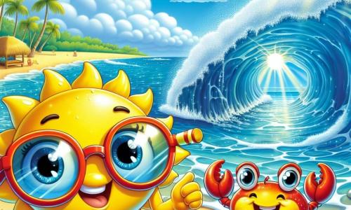 Sunny, a pair of bright yellow sunglasses with large round lenses, is on the edge of a sunny beach, radiating joy and excitement as he gazes at the sparkling blue ocean. Beside him, Kimo, a small red crab with twinkling eyes, scuttles happily on the golden sand, smiling and pointing towards an underwater cave, eager to share their adventure. The location is a beautiful Hawaiian beach, with palm trees gently swaying in the breeze, crystal-clear waves crashing on the shore, and a light blue sky dotted with fluffy white clouds. The main scene shows Sunny and Kimo getting ready to dive into the water to explore the secret cave where a stunning shimmering pearl is hidden, surrounded by children's laughter and the sun's sparkle on the waves.