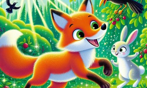 A clever fox named Felix, with bright orange fur and a bushy tail, happily smiles while jumping in front of a bush filled with shiny berries. His eyes sparkle with excitement as he reaches out to grab a berry. Next to him, Benny the rabbit, with his white fur and large ears, stands on his hind legs, ready to jump in to help, while Clara the crow, with her shiny black feathers, flies above, watching the scene with curiosity. They are in a lush forest where sunlight filters through the leaves, illuminating the ground dotted with colorful flowers. The main scene shows Felix and his friends working together to gather magical berries, filled with joy and friendship.