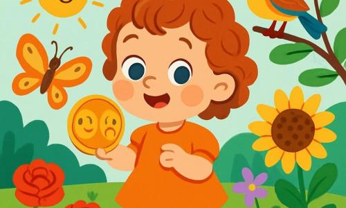 A 2-year-old girl with sparkling eyes and curly hair stands in the middle of an enchanted garden. She smiles in wonder, holding a shiny coin that has a smiling side and a sad side. Next to her, a colorful butterfly with golden wings dances in the air, adding a touch of magic to the scene. A small bird with bright feathers, perched on a branch, sings joyfully, watching the little girl with curiosity. The garden is filled with vibrant flowers, including red roses, yellow sunflowers, and delicate violets. A warm golden sun shines in a clear blue sky, illuminating the landscape. The little girl explores the garden, fascinated by the beauty around her, as she discovers the magical coin, a symbol of choice and life.