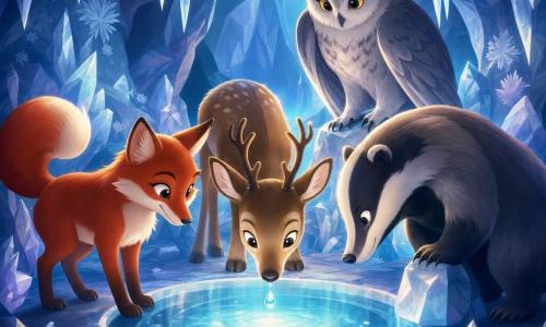 Rowan, a young reindeer with wide curious eyes, light brown fur speckled with beige and small delicate antlers, leans over a small clear-water basin, muzzle near the surface; Fern, a sleek red fox with mischievous eyes, sits to the left with her tail curled and ready to help; Bramble, a stocky badger with gray-and-black striped fur, stands solidly to the right with a paw on a frozen stone; Alder, a large gray-feathered owl with wise eyes, perches above them with wings partly folded. They form a tight circle around the mirrorlike pool in a secret cave lined with translucent crystals and frostflowers under soft blue light and glittering stalactites, joining their warmth and presence to wake the sleeping spring as a fragile glow begins to rise from the water.