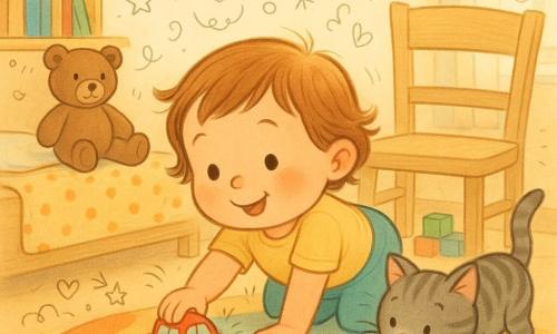 A joyful, curious 2-year-old girl with a round face and short chestnut hair crawls on a colorful rug holding a small shiny red car; a brown teddy named Teddy sits on the bed watching kindly, while a gray tabby cat named Poppy with a pink muzzle paws a small red car under a light wooden chair, gently pushing it; the warm bedroom has pastel walls, a shelf with books and blocks, a circular-patterned rug, a polka-dot blanket and a wooden chair, soft morning light creating a calm, playful scene with light doodles (stars, arrows, tiny pawprints) overlaid to suggest a little investigation.