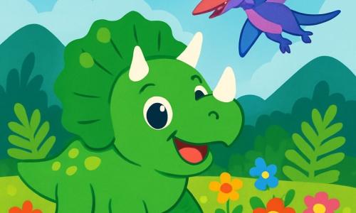 Ein junger Triceratops namens Timi, mit leuchtend grüner Haut und weißen Hörnern, steht fröhlich inmitten eines Feldes mit bunten Blumen. Seine großen, glänzenden Augen drücken Aufregung und Neugier aus. Neben ihm fliegt ein Flugsaurier mit schimmernden blauen und violetten Flügeln anmutig am Himmel und macht Pirouetten. Die Landschaft ist geprägt von großen grünen Farnen, sanften Bergen am Horizont und einem blauen Himmel, der mit bauschigen Wolken bedeckt ist. Timi, mit einem breiten Lächeln, ist bereit für ein Abenteuer, während der Flugsaurier ihn ermutigt, die Welt um sie herum zu erkunden.