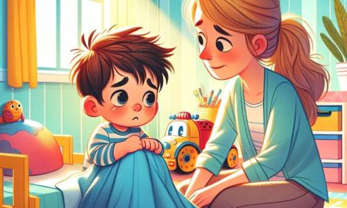 A 2-year-old boy with messy brown hair and round, curious eyes is sitting on his bed. He has a fearful expression, with furrowed brows and pursed lips, tightly holding his blue blanket. Next to him, his mother, a woman in her 30s with long blonde hair, sits on the edge of the bed. She smiles gently, with a reassuring hand on her son's shoulder, looking at him tenderly. The scene takes place in a bright children's room with pastel yellow walls, colorful toys scattered on the floor, and a large fluffy rug. A ray of sunlight streams through the window, illuminating the room. The boy listens to the sound of a vacuum cleaner making 