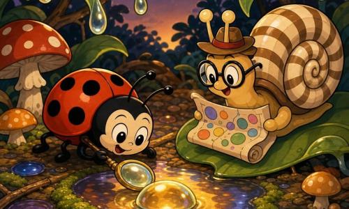 Uma joaninha pequena e alegre, carapaça vermelha com seis manchas pretas, olhos grandes brilhantes, sorri inclinada sobre uma poça brilhante observando uma bolha mágico-dourada mutante com lupa em gota; Sir Vasco, um pequeno caracol cartógrafo sorridente com concha castanha às riscas creme, óculos redondos grandes e chapéu inclinado, segura um rolo de mapa com círculos coloridos sentado numa folha à direita; ao redor gotas de chuva em gelatina nas grandes folhas, alguns cogumelos e raminhos e uma estrela vespertina visível; solo coberto por poças multicolor que refletem como vidro, algumas margeadas por musgo e a poça central com reflexo dourado iridescente; cena ao crepúsculo com luz quente, traços suaves, formas arredondadas, cores saturadas, contornos pretos grossos, estética retro e lúdica.