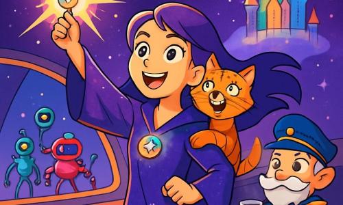 O tânără femeie, cu fața iluminată de excitație, stă pe puntea navetei spațiale Brânza Topită. Are părul lung și violet, un halat strălucitor de vrăjitoare și o amuletă colorată la gât care strălucește. Zâmbește cu hotărâre, pregătită să înfrunte necunoscutul. Lângă ea, un motan pe nume Gogu, cu ochi verzi strălucitori, stă pe umărul ei. Are blana dungi și o expresie jucăușă, ca și cum ar fi gata să spună o glumă magică. Puțin mai departe, un spiriduș mic, Lord Zgârie-Nori, cu mustăți argintii și o uniformă de general intergalactic, observă scena cu admirație, ținând o ceașcă de ceai flotantă. Decorul este un vast spațiu intergalactic, unde stelele strălucesc ca diamante pe un fundal violet profund. În fundal, un castel flotant, cu pereți din sticlă colorată, strălucește sub lumina stelelor, înconjurat de o ceață luminoasă. Principala situație o arată pe Lira ridicându-și amuleta spre cer, în timp ce un fulger de lumină magică o înconjoară, pregătindu-se să activeze scutul protector al castelului, în timp ce roboți cu forme ciudate și colorate se apropie, creând o atmosferă de aventură și mister.