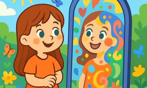 Ein kleines Mädchen, Marie, etwa 7 Jahre alt, mit langen braunen Haaren und strahlend blauen Augen, steht vor einem magischen Spiegel. Sie hat ein strahlendes Lächeln und leicht rosige Wangen, was Freude und ein wenig Schüchternheit zeigt. Neben ihr spiegelt ein Spiegel ihr Bild wider, aber auch lebendige Farben und lustige Formen, die ihre Emotionen darstellen. Im Hintergrund erstreckt sich ein üppiger Garten, gefüllt mit bunten Blumen, schwirrenden Schmetterlingen und singenden Vögeln. Die Sonne scheint am hellblauen Himmel und verleiht der Szene Wärme. Die Hauptsituation zeigt Marie, die ihr Spiegelbild entdeckt und erkennt, dass sie lernen kann, ihre Emotionen zu akzeptieren. Sie ist umgeben von der magischen Atmosphäre des Gartens, wo jedes Element sie ermutigt, ihre Gefühle mit Neugier und Staunen zu erkunden.