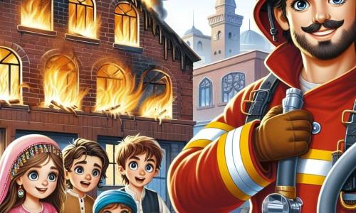 Een man, de brandweerman Lars, staat trots voor een brandende bakkerij, met een vastberaden en geconcentreerd gezicht, heldere ogen en een geruststellende glimlach. Hij draagt een felrode brandweeroutfit, een glanzende helm en houdt een grote brandslang vast, klaar om het vuur te blussen. Naast hem staat een groep van vier kinderen, twee jongens en twee meisjes, van ongeveer 8 tot 10 jaar, die met bewondering kijken. De jongen met bruin haar, in een blauwe t-shirt, wijst naar het vuur, terwijl het blonde meisje in een roze jurk Lars met verwonderde ogen aankijkt. De andere twee kinderen, een jongen met een bril en een meisje met twee staarten, staan iets op afstand, gefascineerd door de scène. De bakkerij is een traditioneel gebouw met rode bakstenen muren, gebroken ramen en zwarte rook die uit de openingen komt. Vlammen dansen binnenin en verlichten de scène met een heldere oranje gloed. De hoofdscène toont Lars die zijn team aanstuurt om het vuur te blussen, terwijl de kinderen, verwonderd, de moed van de brandweerman observeren en leren over het belang van samenwerking en moed.