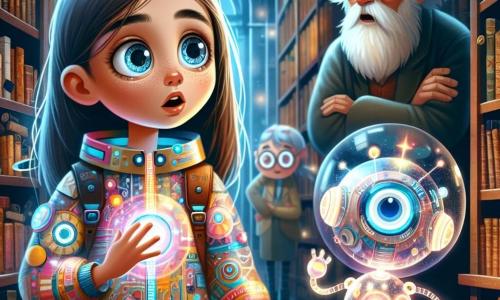 Mina, ein 11-jähriges Mädchen, steht im Zentrum des Bildes mit großen, neugierigen Augen und schwebenden kastanienbraunen Haaren. Sie trägt einen bunten futuristischen Overall mit geometrischen Mustern und schaut fasziniert auf eine geheimnisvolle Maschine, deren funkelndes Licht ihr Gesicht erhellt. Neben ihr schwebt Zipp, ein kleiner runder Roboter mit durchsichtigen Flügeln, dessen Sensoren vor Aufregung blinken, während er die Maschine analysiert. Im Hintergrund beobachtet ein alter Bibliothekar, etwa 70 Jahre alt, mit einem langen weißen Bart und runden Brillen, besorgt die Szene, die Arme verschränkt, nahe einem Regal mit alten Büchern in einer retro-futuristischen Bibliothek mit Glaswänden und sanften Lichtern, die eine magische Atmosphäre schaffen. Die Szene spielt in einer alten Bibliothek von Cosmopolis, wo massive Holzregale auf schwebende Hologramme treffen und Lichtstrahlen durch futuristische Fenster filtern, die staubige Bücher beleuchten. Mina, neugierig, steht kurz davor, die geheimnisvolle Maschine zu aktivieren, die sie in eine andere Dimension transportieren könnte, während der Bibliothekar versucht, sie davon abzuhalten, was eine spürbare Spannung in der Luft erzeugt.