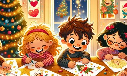 En una habitación cálida y colorida, Lucas, un niño de 3 años con cabello castaño desordenado y una gran sonrisa, está sentado en una mesa de madera, rodeado de sus amigos. A su derecha, Sofía, una niña de 4 años con cabello rubio y rizado, dibuja estrellas doradas en una tarjeta de Navidad. A la izquierda, Mateo, un niño de 5 años con gafas y cabello castaño, dibuja un gran árbol de Navidad lleno de regalos. Finalmente, Valentina, una niña de 4 años con cabello negro y un vestido rosa, añade corazones rojos en otra tarjeta. La habitación está decorada con guirnaldas luminosas y dibujos navideños en las paredes, con un árbol brillante en una esquina, iluminado por luces multicolores. Los niños están creando, riendo y animándose, mientras un pequeño gato curioso se acerca a la mesa, listo para derribar un bote de pintura. La atmósfera es alegre y festiva, capturando el espíritu navideño y la amistad.