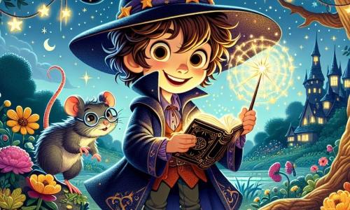 Un joven mago de ocho años, con cabello castaño desordenado y una gran sonrisa traviesa, se encuentra en el centro de la imagen, sosteniendo una varita mágica brillante. Lleva un sombrero de mago negro con punta, adornado con estrellas doradas, y un manto azul que flota ligeramente a su alrededor, revelando botas de cuero. A su lado, un pequeño ratón llamado Milo, con gafas redondas y una expresión curiosa, observa atentamente al mago, con sus pequeñas patas sobre un libro de magia abierto. El escenario es un jardín encantado, lleno de flores coloridas y plantas luminosas, bajo un cielo crepuscular salpicado de estrellas brillantes. Al fondo, un viejo roble majestuoso, cuyas ramas se extienden como brazos protectores, añade un toque de misterio a la atmósfera. La escena representa el momento en que el joven mago está a punto de lanzar un hechizo, rodeado de un aura luminosa y burbujas flotantes, mientras destellos de luz bailan a su alrededor, creando un ambiente mágico y alegre.