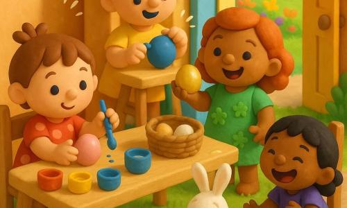 Er zijn 5 personages: Noor (meisje, 2 jaar): rond figuurtje met kort bruin haar, rood gestipte jurk, links aan tafel zittend, houdt een blauwe penseel en schildert een roze ei; Mia (meisje, 2 jaar): blond paardenstaartje, gele jurk, staat achter de tafel en tikt op een blauw potje; Lotte (meisje, 2 jaar): roodharig, groene bloemenjurk, rechts van de tafel, toont trots een glanzend gouden ei; Saar (meisje, 2 jaar): kort zwart haar, paarse jurk, gehurkt bij een stoel met een verfvlek op de neus, lachend; het witte konijntje: wit boetseerkonijn met lange oren en pastelkleurige lintjes, houdt een klein rieten mandje en staat in het gras bij de tuindeur. Hoofdlocatie: zonnige keuken-tuin in close-up met lichte houten tafel centraal, felle verfpotjes (rood, geel, blauw), kleine kopjes, rieten eiermand, houten stoel, open raam naar groen gazon en bloembedden, warme ochtendlicht en zachte schaduwen. Situatie: de vier meisjes schilderen eieren aan tafel terwijl het witte konijntje met het lintmandje eieren uit de tuin brengt; eenvoudige actie: bewegende penselen, verfspatten en gelach, het gouden ei glinstert in de zon.
