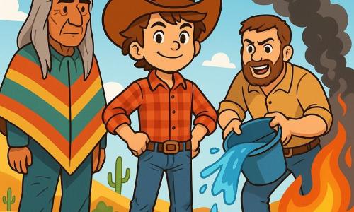 Un giovane cowboy, Jack, un ragazzo di 12 anni, si trova coraggiosamente al centro dell'immagine. Ha capelli castani spettinati, un grande cappello da cowboy e un sorriso determinato sul volto. Indossa una camicia a quadri rossa e jeans consumati, con stivali di cuoio. Alla sua destra, suo padre, un uomo robusto di circa 40 anni, con barba bruna e occhi pieni di orgoglio, brandisce un secchio d'acqua per spegnere le fiamme. A sinistra, il saggio capo indiano, Grande Aquila, un uomo anziano con capelli lunghi e grigi, indossa un poncho colorato e osserva la scena con uno sguardo serio, pronto ad aiutare. Lo sfondo è una vasta prateria del Texas, con colline dorate, cactus sparsi e un cielo blu brillante. In lontananza, colonne di fumo nero si alzano, testimoniando l'incendio che minaccia la terra. La scena principale mostra Jack e suo padre che combattono coraggiosamente le fiamme, mentre Grande Aquila si prepara ad offrire il suo aiuto, illustrando l'unità e il coraggio di fronte all'avversità.