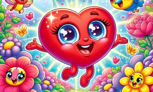 Cuoricino, un cuore di peluche rosso con grandi occhi brillanti e un sorriso gioioso, salta di gioia in un giardino colorato, circondato da fiori vivaci e farfalle danzanti. Piuma, un uccellino con piume gialle e blu, vola felicemente attorno a Cuoricino, mentre Rosa, una rosa parlante con petali rosa e occhi scintillanti, sta accanto a lui, sorridendo e ammirando i fiori. Il giardino è pieno di fiori di tutti i colori, con raggi di sole che illuminano il paesaggio, creando un'atmosfera magica e gioiosa. In questa scena, Cuoricino e i suoi amici scoprono una corona di fiori scintillante, simbolo d'amore e amicizia, celebrando insieme la festa di San Valentino.