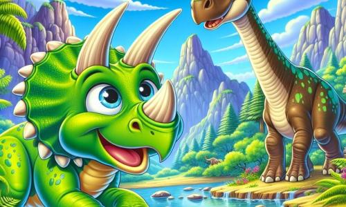Un triceratops alegre, con una piel verde brillante y grandes cuernos afilados, se encuentra en el centro de la escena, mostrando una sonrisa curiosa y ojos brillantes de emoción. A su derecha, un joven braquiosaurio, alto y esbelto, con una piel marrón salpicada de manchas verdes, mira a su alrededor con una expresión de preocupación, buscando a su familia. El escenario es un magnífico valle de las Montañas Rocosas, lleno de grandes árboles frondosos, helechos gigantes y rocas de formas extrañas, bajo un cielo azul claro salpicado de nubes blancas y esponjosas. La escena principal muestra a Trico y Rolo encontrándose junto a un arroyo brillante, donde el agua clara fluye suavemente, mientras aves coloridas vuelan sobre ellos, creando una atmósfera de aventura y camaradería.