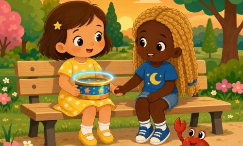 Hay 3 personajes: niña de 3 años, Luz, pelo corto castaño, vestido amarillo con estrellas, sostiene una caja redonda y colorida sobre sus rodillas, sentada a la izquierda del banco mirando la caja con curiosidad; niña de 3 años, Mara, pelo rubio largo trenzado, camiseta azul con una luna, sostiene la mano de Luz, sentada a la derecha del banco y sonriendo a Luz; cangrejo amigo, pequeño cangrejo rojo con una pata levantada como saludando, sobre la hierba junto al banco frente a las niñas. Lugar: parque al atardecer con césped verde cortado, flores rosas y blancas sencillas, banco de madera clara, camino de grava beige, árboles de hojas redondeadas en tonos pastel y cielo anaranjado suave en el horizonte. Situación principal: las niñas sentadas lado a lado en el banco con la caja redonda de botones coloridos entre ellas que emite un suave halo azul dorado, ambiente tranquilo y mágico, expresiones cálidas y de asombro, composición clara, colores vivos, contornos definidos y formas simples aptas para niños pequeños.