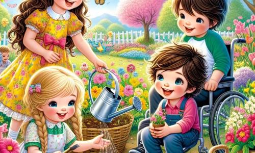 In het midden van de afbeelding zijn vier kinderen samengekomen in een bloeiende lentepark. Lina, een 11-jarig meisje met lang, krullend kastanjebruin haar, draagt een gele bloemenjurk en glimlacht blij terwijl ze een kleine schop vasthoudt. Emma, een 10-jarig meisje met gevlochten blond haar, knielt bij een bloemenbed met zaden in haar handen. Noor, een 11-jarig meisje in een mooie roze blouse, zit in haar rolstoel omringd door bloemen en water geeft aan de jonge plantjes met een kleurrijke gieter. Sam, een 10-jarige jongen met rommelig bruin haar, staat naast Noor met een mand vol gekleurde paaseieren en een grote glimlach op zijn gezicht. Het park is verlicht door de zon, met bloeiende bomen in felle kleuren, vlinders die in de lucht zweven en een helderblauwe lucht met donzige witte wolken. De kinderen zijn bezig met het planten van bloemenzaadjes en het zoeken naar verborgen paaseieren, vol opwinding en gelach, wat de vreugde van de lente en vriendschap illustreert.
