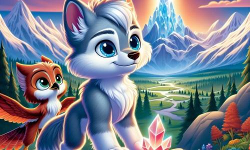 Luar, um jovem lobo de olhos azuis profundos e pelagem prateada, está corajosamente no topo das Montanhas do Crepúsculo, olhando com determinação para o Grande Cristal brilhante à sua frente. Ele sente uma onda de excitação misturada a um leve tremor de apreensão. Ao seu lado, Faísca, uma ave astuta com plumagem vermelha brilhante e olhos travessos, observa a paisagem com um sorriso confiante, pronta para encorajar seu amigo. O cenário é majestoso: montanhas com picos nevados sob um céu crepuscular, onde nuances de roxo e laranja se misturam. Nuvens fofas flutuam suavemente, enquanto embaixo, um vale verdejante se estende, repleto de flores coloridas e rios cintilantes. A cena principal mostra Luar tocando o Grande Cristal, uma gema cintilante que irradia uma luz acolhedora, simbolizando esperança e equilíbrio. Os raios de luz iluminam seus rostos, criando uma atmosfera mágica e cheia de promessas.