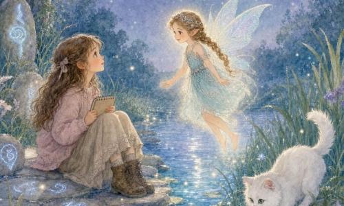 O zână mică numită Aira, binevoitoare, plutește deasupra apei cu aripi translucide irizate și o rochiță aqua cu broderii argintii, părul șaten deschis împletit și o aureolă aurie; Mara, o fetiță de circa 8 ani, stă pe o piatră și scrie într-un carnet, purtând pulover roz pal, fustă bej și cizme murdare, cu păr brun ondulat; Luna, pisica albă, joacă în frunze lângă ele, blăniță pufoasă și ochi verzi; malul e un potec de pietre netede cu rune luminoase, iarbă înaltă și nuferi, iar pârâul sclipeste ca niște stele albastre și argintii sub luna plină într-o noapte liniștită cu ceață argintie — zâna iese din apă pentru a vorbi cu fetița.
