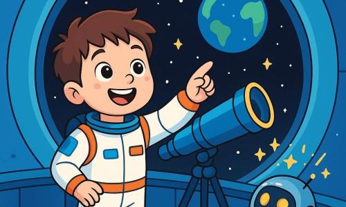 Młody astronauta, Marek, chłopiec w wieku około 10 lat, stoi przed dużym teleskopem na balkonie swojej stacji kosmicznej. Ma potargane brązowe włosy, błyszczące oczy pełne ciekawości i nosi białe skafander kosmiczny ozdobiony jaskrawymi kolorami. Jego twarz wyraża zachwyt i ekscytację, z szerokim uśmiechem rozświetlającym jego oblicze. Obok niego stoi mały robot o imieniu Błysk, przypominający metalową kulę z świecącymi oczami, radośnie mrugający i wyświetlający gwiazdy na ścianie. Marek z entuzjazmem rozmawia z nim, wskazując na gwiaździste niebo. Scena rozgrywa się w futurystycznej stacji kosmicznej z dużymi okrągłymi oknami, oferującymi spektakularny widok na przestrzeń. Na zewnątrz jasne gwiazdy migoczą na głębokim czarnym tle, a Ziemia ukazuje się jako piękna niebiesko-zielona kula. Marek dostosowuje teleskop, gotowy do obserwacji konstelacji. Jest skoncentrowany i zdeterminowany, podczas gdy Błysk go wspiera migającymi światłami. Atmosfera jest wypełniona magią i przygodą, gdy przygotowują się do odkrywania tajemnic nocnego nieba.