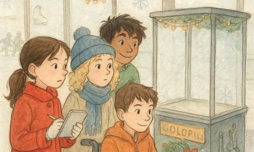 Es gibt 4 Kinder: Mia, ein 10-jähriges Mädchen mit braunen Haaren, die zu einem Pferdeschwanz gebunden sind, trägt einen leuchtend roten Mantel und weiße Handschuhe. Sie hält ein kleines Notizbuch und steht links im Bild. Leni, ein 10-jähriges Mädchen mit lockigem blondem Haar, trägt einen blauen Schal und eine passende Mütze. Sie beobachtet aufmerksam die Szene und steht rechts von Mia. Juri, ein 11-jähriger Junge mit zerzaustem schwarzem Haar, trägt einen grünen Pullover und ein schelmisches Lächeln. Er steht leicht zurückversetzt hinter Mia und Leni. Sam, ein 10-jähriger Junge mit kurzen kastanienbraunen Haaren, sitzt im Rollstuhl und trägt eine orangefarbene Jacke. Er hält einen Stift und einen Notizblock und befindet sich neben Juri. Der Ort ist eine belebte Indoor-Eislaufbahn mit Glaswänden, die natürliches Licht hereinlassen. In der Mitte befindet sich eine große Eisfläche, auf der Kinder Schlittschuh laufen. Im Hintergrund ist eine leere Vitrine, wo der Goldpinguin ausgestellt war, umgeben von winterlichen Dekorationen und Lichterketten. Die Hauptsituation zeigt die Kinder, die diskutieren und nach Hinweisen um die leere Vitrine suchen. Sie sind konzentriert und neugierig mit entschlossenen Ausdrücken. Die Szene ist voller winterlicher Details, wie gezeichnete Schneeflocken auf den Fenstern und Schlittschuhe, die an den Wänden hängen.