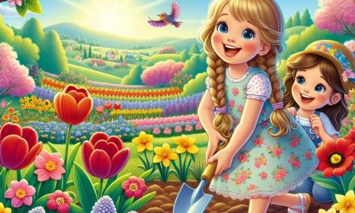 Ein 8-jähriges Mädchen, Mia, mit langen, geflochtenen blonden Haaren, einem strahlenden Lächeln und rosigen Wangen, pflanzt bunte Blumen in einem sonnigen Garten. Sie trägt ein leichtes Blumenkleid und Sandalen, und ihr Blick strahlt ansteckende Freude aus. Neben ihr steht ihre beste Freundin Lisa, ebenfalls 8 Jahre alt, mit braunen Haaren im Pferdeschwanz und einer bunten Mütze, die mit einem großen Lächeln eine kleine Schaufel hält und sie anfeuert. Der Garten ist voller leuchtender Blumen: rote Tulpen, gelbe Narzissen und violette Hyazinthen, unter einem hellblauen Himmel mit einigen weißen, flauschigen Wolken. Im Hintergrund sind blühende Bäume und fröhlich zwitschernde Vögel zu sehen. Die Hauptsituation zeigt Mia und Lisa, konzentriert und glücklich, während sie den Garten für den Frühling vorbereiten, umgeben von der Schönheit der erwachenden Natur.