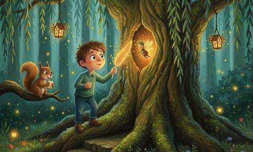 An 8-year-old boy with a round freckled face, tousled chestnut hair and bright curious eyes stands on a large root, leaning forward as if speaking to an ancient willow; he holds a glowing feather in his right hand that lights their faces. A small brown squirrel with hazel eyes and a fluffy plume-like tail sits on a low branch to his left, holding a crumb and looking mischievously at him. A tiny anthropomorphic firefly king with translucent wings and a moss crown hovers near the feather, casting a warm yellow-orange glow. The millennia-old willow has a wide gnarled trunk covered in green moss and hollowed nooks, its long silvered branches hanging like curtains with small lantern-birds suspended. The scene is a mossy woodland clearing with green leaf carpets, colorful flowers, prominent root steps, scattered firefly lights and dark deep groves beyond. Main situation: the boy offers the glowing feather to the heart of the willow, creating a magical warm atmosphere in saturated emerald greens, warm browns and golden yellows, painted in visible acrylic texture with thick brushstrokes.