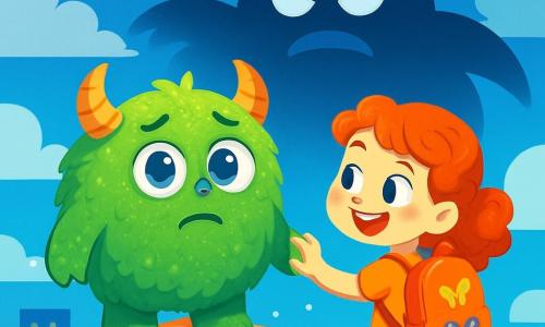 A round, soft monster named Momo, with shimmering green fur, big sparkling blue eyes, and a warm smile, stands on top of a tall building, looking with curiosity and a bit of worry. Next to him is an 8-year-old girl named Lily, with curly red hair and a backpack decorated with butterfly stickers, joyfully reaching out to Momo. The scene is set on a skyscraper summit, surrounded by fluffy clouds and a bright blue sky, with city lights twinkling below. The main focus shows Momo and Lily, united and determined, ready to face the mysterious shadow looming above them, symbolizing their courage and friendship.