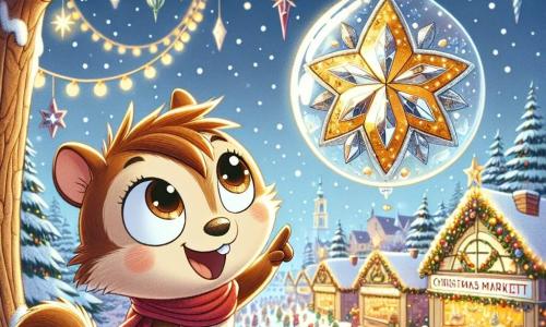Twinkle, a small glass star ornament, sparkles with golden and silver patterns, hanging from a branch of a Christmas tree. It has twinkling eyes and a joyful smile, expressing great excitement as it looks down at the Christmas market. Nutty, a small brown squirrel with a bright red scarf, stands next to Twinkle, wide-eyed with surprise and happiness. He raises a paw to point at the magical village while hopping on the snow. The scene is a lively Christmas market filled with colorful stalls decorated with lights, gently falling snowflakes, and joyful families strolling, with twinkling lights illuminating the setting. The main focus shows Twinkle and Nutty observing the magical village below, filled with wonder and joy as they prepare for an unforgettable adventure together.