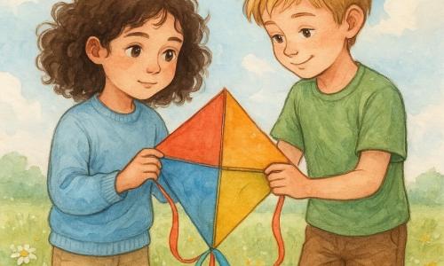 A 10-year-old girl, Nora, with curly brown hair and eyes sparkling with curiosity, holds a colorful kite with a gentle look of determination. She wears a sky-blue sweater and beige pants, her cheeks slightly rosy from the fresh wind. Next to her, a 10-year-old boy, Jamie, with tousled blond hair and a shy smile, helps hold the kite. He wears a green t-shirt and brown shorts, leaning slightly towards Nora, focused on the kite. They are in a green field dotted with wildflowers, under a vast blue sky with fluffy white clouds. The main scene shows Nora and Jamie repairing the kite together with pieces of colorful tape, symbolizing friendship and collaboration.
