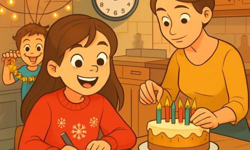 Uma menina de 12 anos, com longos cabelos castanhos e olhos brilhantes de alegria, está colando fotos em um caderno sobre uma mesa de madeira. Ela usa um suéter vermelho vivo decorado com flocos de neve e exibe um grande sorriso, cheia de empolgação para a festa de Ano Novo. Ao lado dela, sua mãe, uma mulher na casa dos trinta anos com cabelos castanhos presos em um coque, prepara um bolo de festa, adicionando cuidadosamente velas coloridas. Ao fundo, seu irmão mais novo, um menino de 8 anos, se diverte fazendo caretas enquanto segura uma guirlanda brilhante, pronto para decorar o ambiente. A cena acontece em uma cozinha acolhedora, iluminada por luzes de Natal e cheia do cheiro de bolos recém-assados. Balões coloridos flutuam no teto, e um grande relógio na parede indica que está quase meia-noite. A situação principal mostra a menina, cheia de entusiasmo, compartilhando seus desejos para o novo ano com a família, criando uma atmosfera alegre e festiva.