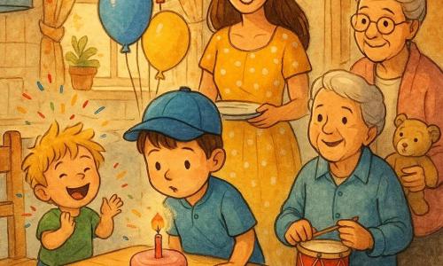 Five people in a warm, bright kitchen: Bobby, about 6, short brown hair wearing a blue cap, stands center by a light wooden table blowing out the candle on a small cake with pink icing and a tiny flickering orange flame; Max, about 4, tousled blond hair in a green T‑shirt, to Bobby’s left, clapping and jumping; Mom, about 30, long chestnut hair in a yellow polka‑dot dress, smiling behind the table holding a plate; Nana, about 65, gray hair in a bun wearing a pink cardigan by the door holding a small beige teddy bear; Grandpa, about 67, gray hair and round glasses in a blue shirt next to Nana holding a small red drum; colorful balloons tied to chair backs, floral curtain with a golden sunbeam, light tiled floor with a few cake crumbs, confetti pieces, joyful atmosphere with vivid colors and soft ink outlines.