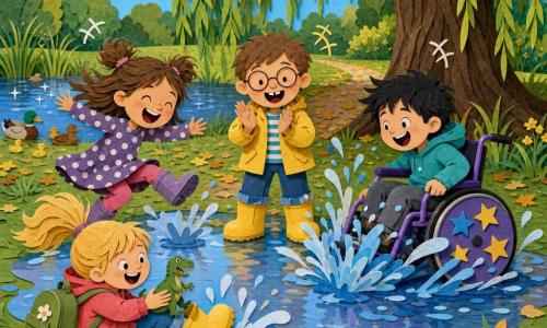 Four children splash in a large shiny puddle under a drooping willow in a bright park: Max, 7, short brown hair, round glasses, toothy grin with a gap, bright yellow boots, center clapping and cheering; Sami, 8, messy black hair, in a purple wheelchair with wide star-decorated wheels, at right charging into the puddle and spraying water; Lila, 6, brown hair in two messy buns, polka-dot dress, at left mid-jump with legs tucked; Zoe, 6, blonde ponytail, green backpack, foreground wearing Max’s oversized yellow boots and splashing with a foot while holding a small plastic dinosaur named Mr. Roary. In the background a sparkling pond with curious ducks, a leaf-crunching path and tall grass; scene rendered in vivid colors with paper-cut textures, soft shadows, glued edges, frozen droplet splashes and visible laughter as small graphic waves, composition focused on the collective splash and joyful energy.