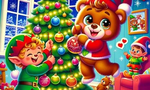 Ein kleiner Teddybär namens Bruno, mit weichem braunem Fell und glänzenden Augen, lächelt fröhlich, während er einen großen Weihnachtsbaum schmückt. Er hält eine funkelnde rote Weihnachtskugel in seinen Pfoten. Neben ihm lacht ein schelmischer Elf mit einem spitzen grünen Hut und bunten Kleidern, lockigen Haaren und einem schelmischen Gesicht, während er eine Girlande verkehrt aufhängt. Der Raum ist warm und voller funkelnder Lichter und festlicher Dekorationen, mit Schneeflocken, die durch das Fenster sichtbar sind. Im Mittelpunkt steht der majestätische Baum, umgeben von bunten Geschenken. Bruno und der Elf haben viel Spaß und schaffen eine fröhliche, festliche Atmosphäre, während sie gemeinsam Weihnachten vorbereiten.