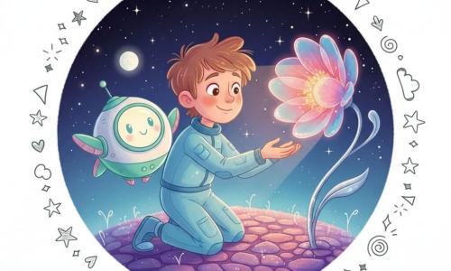 Alex, băiat de circa 10 ani cu păr șaten deschis zburlit, ochi mari uimiți și zâmbet blând, poartă un costum spațial bleu cu mici stele brodate și întinde mâna spre o floare luminoasă; el este îngenuncheat, fericit, fața i-e luminată de o strălucire roz-oranj. Steluța, navetă-robot rotundă, zâmbitoare, albă și mint cu aripioare strânse și hublou luminat, stă în spatele lui și proiectează un fascicul blând asupra florii. Nu sunt alți oameni. Planeta minusculă are pietre violete și praf sclipitor ca zahărul, cer negru cu stele colorate și două lunii mici la orizont. Floarea cosmică, cât un balon, are petale translucide roz și albastre care emit o lumină caldă pulsantă și tije argintii legănându-se ușor. Scena: aterizare liniștită la crepuscul spațial, atmosferă blândă și magică, culori pastelate și texturi moi potrivite pentru cei mici.
