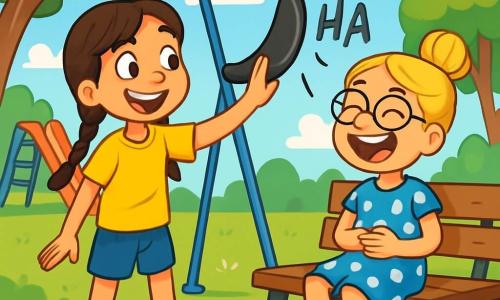Er zijn 2 hoofdpersonages: - Lisa: een 10-jarig meisje met lange bruine vlechten, gekleed in een felgele t-shirt en een spijkerbroekshort. Ze heeft een grote glimlach en ondeugende ogen. Lisa staat rechtop met een hand op een schommel, wat een hilarisch geluid veroorzaakt. - Sophie: een 10-jarig meisje met een blonde bun en ronde brillen. Ze draagt een blauwe stippenjurk en sandalen. Sophie zit op een bank, lacht hard met haar handen op haar buik terwijl ze naar Lisa kijkt. De locatie is een zonnig park met grote bomen met glanzende groene bladeren, kleurrijke bloemen die in de wind dansen en een speeltuin vol schommels en glijbanen. De lucht is helderblauw met donzige witte wolken. De belangrijkste situatie toont Lisa die de schommel aanraakt, wat een kinderlachgeluid veroorzaakt, terwijl Sophie op de bank zit en in lachen uitbarst, met glanzende ogen van vreugde. De sfeer is vol vrolijkheid en magie, wat een moment van vriendschap en avontuur illustreert.