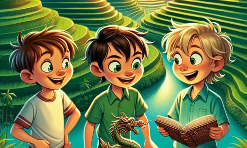 Drei achtjährige Jungen stehen am Rand eines wunderschönen Reisfeldes in Bali. Max, ein Junge mit braunen Haaren und funkelnden Augen, schaut fasziniert auf eine Drachenstatue im Mittelpunkt der Szene. Rechts von ihm zeigt Jonas mit zerzausten blonden Haaren und einem breiten Lächeln lachend auf die Statue. Links hält Paul, mit kastanienbraunen Haaren und runden Brillen, ein altes, offenes Buch in der Hand, seine Augen strahlen vor Neugier.

Die Landschaft ist ein weites Feld aus smaragdgrünen Reisfeldern mit sorgfältig gestalteten Terrassen und kleinen, glitzernden Wasserkanälen, die den blauen Himmel widerspiegeln. Die Sonne geht am Horizont unter und wirft goldene und orangefarbene Töne über die Felder, was eine magische und warme Atmosphäre schafft.

Die drei Freunde entdecken gemeinsam ein verborgenes Geheimnis, fasziniert von der Schönheit ihrer Umgebung und dem Abenteuer, das sie erwartet.