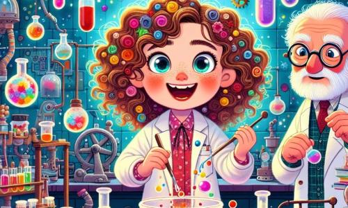Clara, una inventora entusiasta con cabello rizado y despeinado, lleva una bata de laboratorio llena de manchas coloridas. Tiene una gran sonrisa en el rostro, los ojos brillantes de emoción, mientras mezcla colores vivos en un bol de vidrio, rodeada de tubos de ensayo y gadgets extraños. A su lado, Don Gusto, un hombre de unos 70 años con una larga barba blanca y gafas redondas, observa con una sonrisa amable. Sostiene un pequeño frasco de polvo colorido, listo para ayudar a Clara en su invención. El decorado es un taller mágico, lleno de máquinas raras, papeles voladores y paredes pintadas de colores vivos, donde destellos de luz brillan como estrellas. Las estanterías están repletas de tarros de caramelos y sabores extraños, creando una atmósfera alegre e imaginativa. La situación principal muestra a Clara probando su Boligrafo Multisabores, una explosión de colores y sabores que ocurre a su alrededor, mientras ríe del incidente, creando una atmósfera de descubrimiento y creatividad.