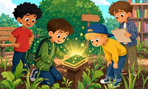 Hay cuatro niños: Tomás, ~8 años, pelo castaño corto, piel clara, chaqueta verde y mochila grande verde con estrellas; arrodillado en el centro junto a un pequeño pedestal de madera donde coloca un libro brillante; Javier, ~8 años, pelo negro rizado, piel morena, camiseta roja; a la izquierda de Tomás con las manos en las caderas y una sonrisa asombrada; Lucas, ~8 años, pelo rubio, piel clara, gorra azul y suéter amarillo; a la derecha, inclinado mirando el libro con curiosidad; Diego, ~8 años, pelo castaño claro, camisa a cuadros y cuaderno de dibujo; un poco atrás a la derecha dibujando la escena. Lugar: pequeño huerto escolar soleado con suelo de tierra, hileras de plantas y hierbas altas, un gran arbusto redondeado y una pequeña placa de madera que dice Aquí se devuelven los libros mágicos; cielo azul claro con nubes estilizadas, banco y estanterías para libros en colores pastel. Situación: los niños colocan un libro resplandeciente sobre el pedestal; las plantas se inclinan como bailando; ambiente alegre y mágico con rayos de luz suaves y pequeñas estrellas amarillas alrededor del libro.