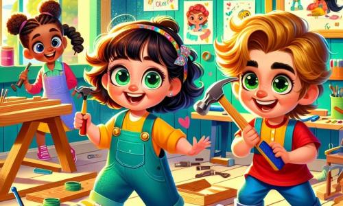 A 6-year-old girl named Emma, with sparkling green eyes and curly brown hair, joyfully smiles while holding a hammer in her small hands. She wears blue overalls and bright yellow shoes, showcasing her determination and enthusiasm. Next to her is a 6-year-old boy named Jack, with messy blonde hair and a red t-shirt, encouraging her while holding a piece of wood, ready to help. A bit further away, a 6-year-old girl named Lily, with braided black hair and a pink dress, watches with admiration while holding a piece of wood she managed to secure. The scene takes place in a bright and colorful workshop filled with various tools, wooden boards, and vibrant paints. DIY posters decorate the walls, and sunlight streams through the windows, creating a warm and welcoming atmosphere. Emma and her friends are building birdhouses, laughing and helping each other, highlighting the importance of gender equality and cooperation.