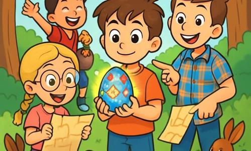 Er zijn 4 kinderen: Tom, een 10-jarig jongen met rommelig bruin haar en nieuwsgierige ogen, staat in het midden met een glanzend paasei in zijn handen. Sophie, een 9-jarig meisje met ronde brillen en gevlochten blond haar, staat links van Tom en leest een perkament met een opgewonden uitdrukking. Lars, een 11-jarig grote en glimlachende jongen met kastanjebruin haar en een geruite shirt, staat rechts van Tom en wijst naar een mysterieus pad op de kaart die hij vasthoudt. Max, een 8-jarig klein en ondeugend jongetje met messy zwart haar en een ondeugende glimlach, springt enthousiast achter Tom met een klein zakje vol chocolade. De situatie speelt zich af in een betoverde open plek, omringd door grote bomen met dikke stammen en heldergroene bladeren, waar kleurrijke bloemen, speelse konijnen en meerkleurige paaseieren verspreid liggen, wat een magische en vrolijke sfeer creëert. De kinderen ontdekken een mysterieus paasei, versierd met fonkelende stenen, terwijl ze in het midden van de open plek staan, klaar om het mysterie op te lossen.